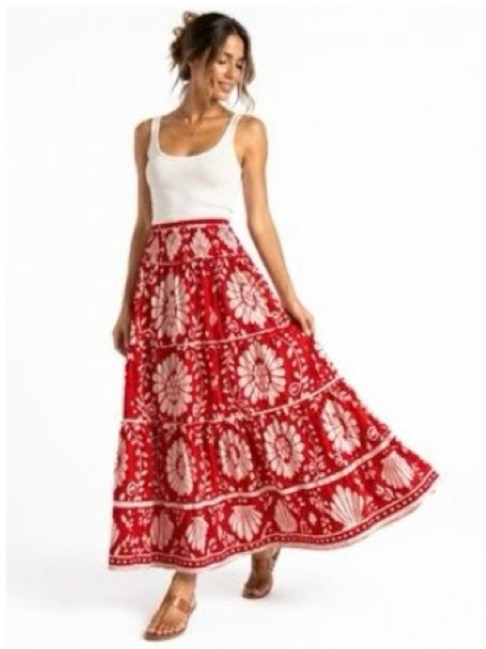 Haute Hippie Red White Floral Maxi Long Skirt XS Elastic Waist Belted Cotton